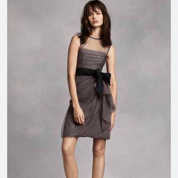White by Vera Wang Gray Sheer Mini Bridesmaid Dress Illusion Neckline Belted 2 - Picture 2 of 14
